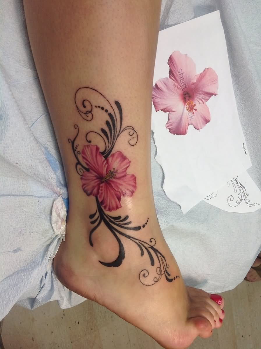 Pink Hibiscus Tattoo On Leg