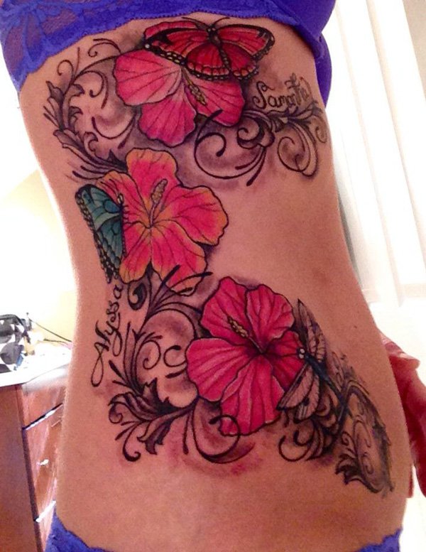 Pink Three Hibiscus With Butterflies Tattoo On Girl Side Rib