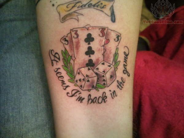 Poker Card With Dice And Banner Tattoo Design