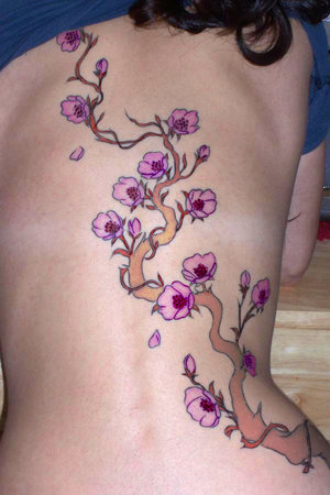 Purple Cherry Blossom Branch Tattoo On Full Back