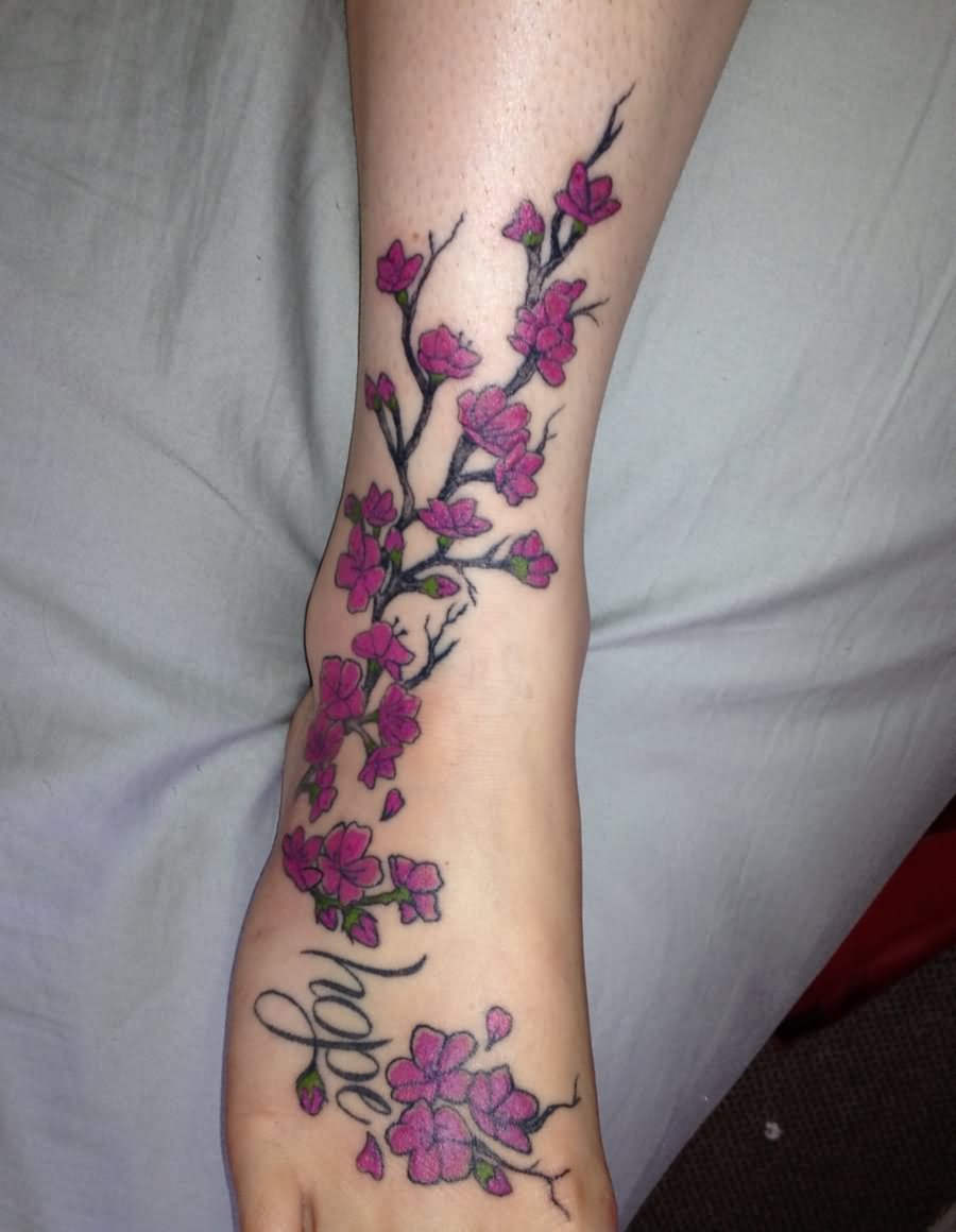 Purple Cherry Blossom Flowers Tattoo On Foot By Blackcats91