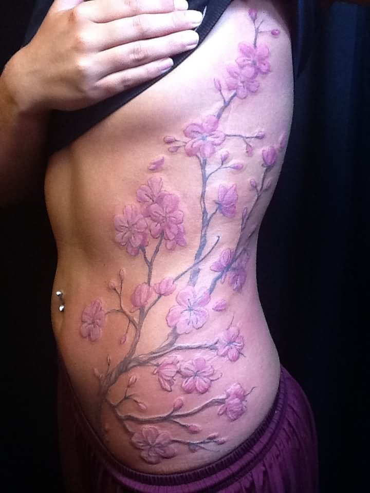 Purple Cherry Blossom Flowers Tattoo On Side Rib By Zeek911