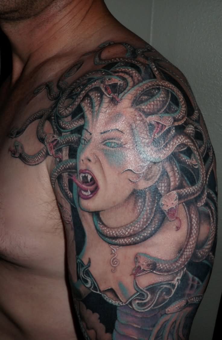 Realistic 3D Medusa Tattoo On Shoulder