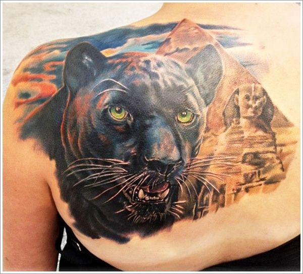 Realistic Panther Face Tattoo On Left Back Shoulder