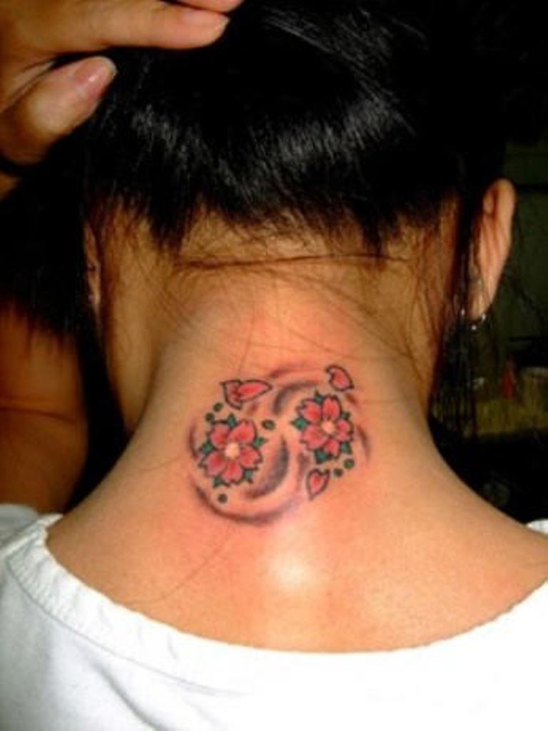 Red Cherry Blossom Flowers Tattoo On Back Neck