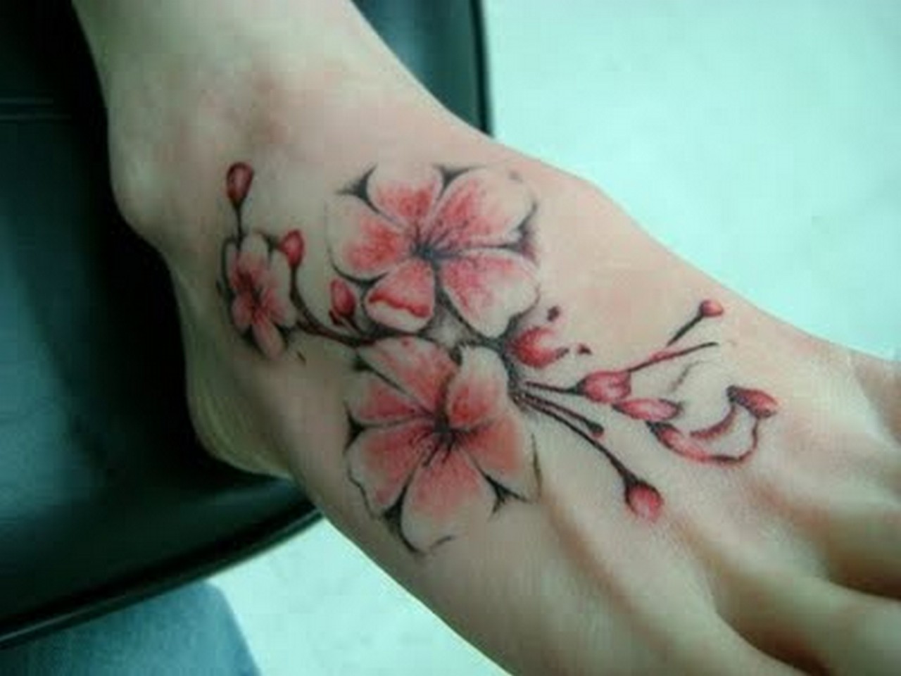 Red Cherry Blossom Flowers Tattoo On Foot