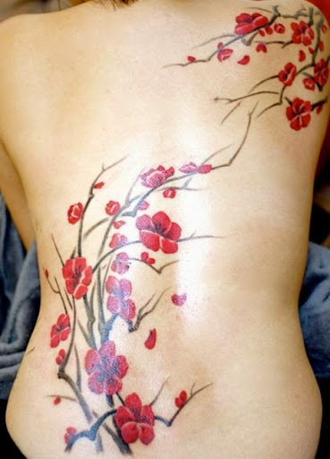 Red Cherry Blossom Flowers Tattoo On Full Back
