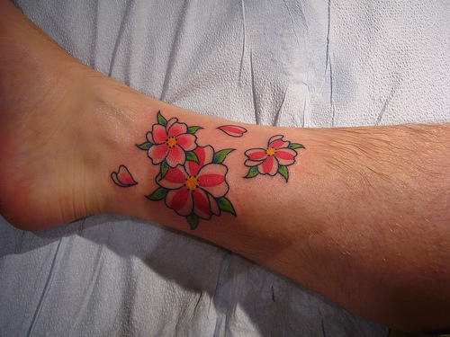 Red Cherry Blossom Flowers Tattoo On Leg