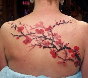 Red Cherry Blossom Tree Tattoo On Girl Upper Back