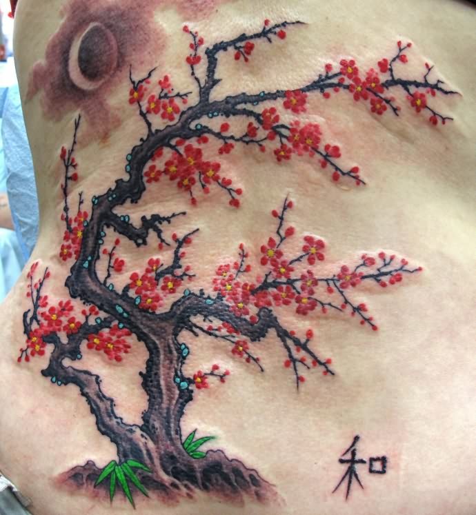 Red Cherry Blossom Tree With Half Moon Tattoo On Side Rib