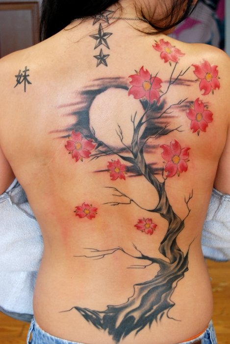 Red Cherry Blossom Tree With Moon Tattoo On Full Back