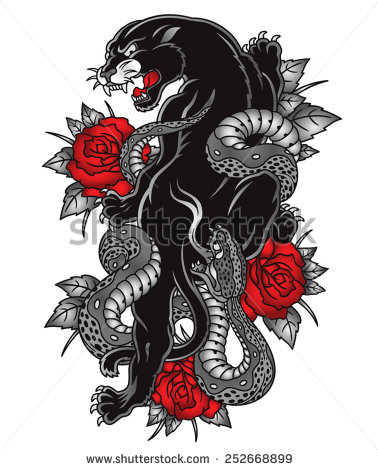 Red Panther With Snake And Red Roses Tattoo Design