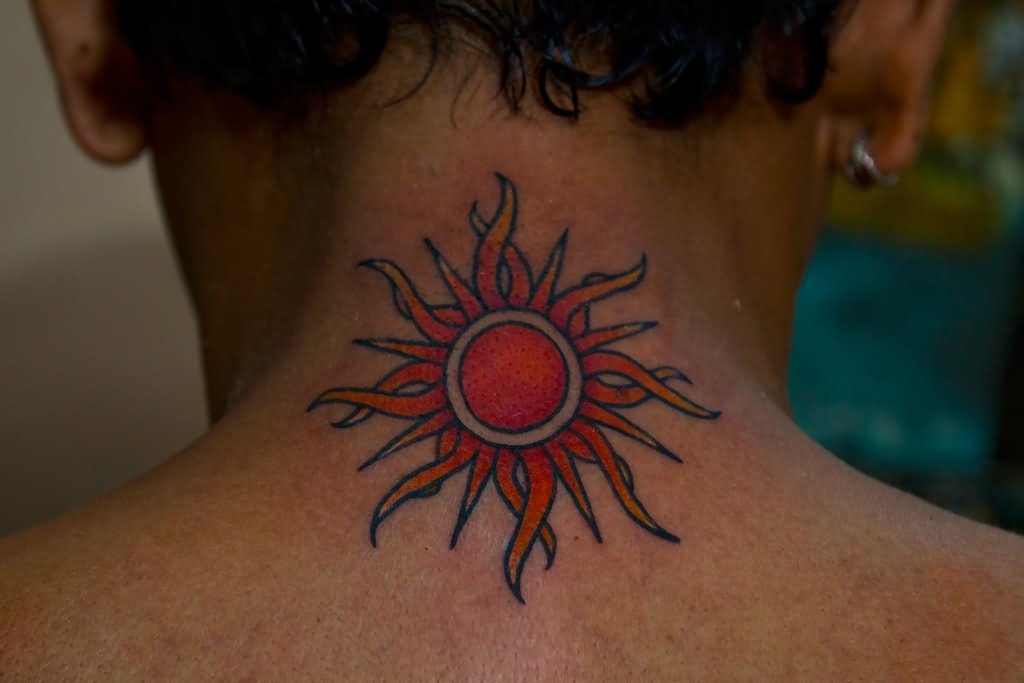 Red Sun Tattoo On Man Back Neck