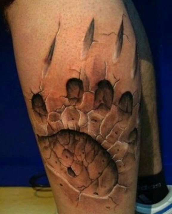 Ripped Skin 3D Bear Paw Tattoo On Leg Calf