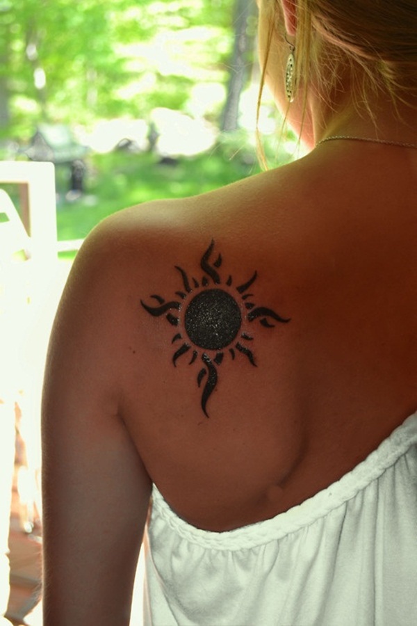 Silhouette Tribal Sun Tattoo On Girl Left Back Shoulder