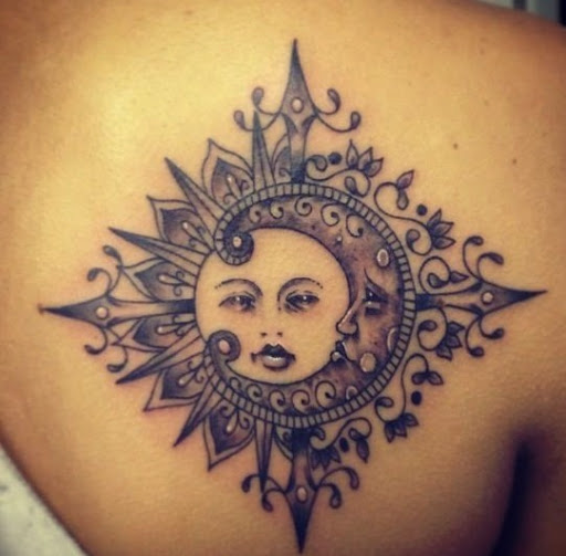 Unique Black And Grey Sun With Moon Tattoo On Right Back Shoulder