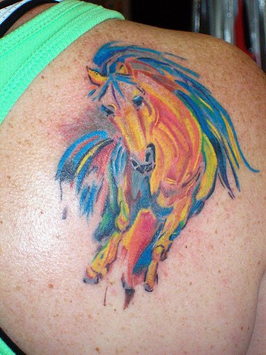 Watercolor Horse Tattoo On Right Back Shoulder