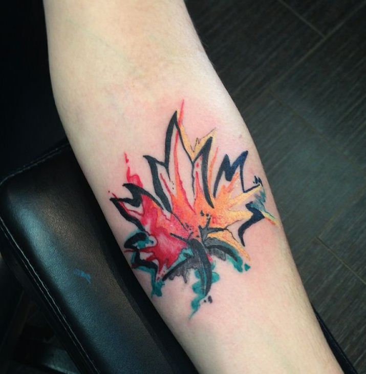Watercolor Maple Leaf Tattoo On Forearm