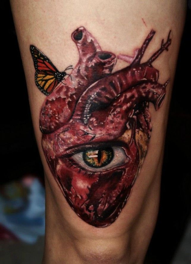 3D Eye In Real Heart With Butterfly  Tattoo On Thigh
