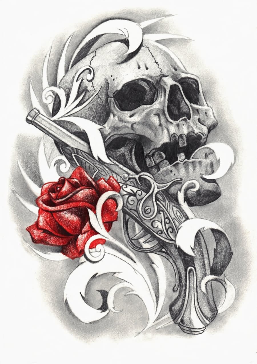 3D Pirate Skull With Red Rose Tattoo Design By Scribble