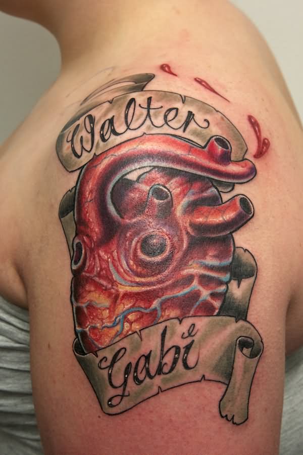 3D Real Heart With Banner Tattoo On Shoulder