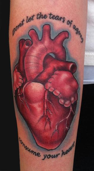 3D Red Real Heart Tattoo On Forearm