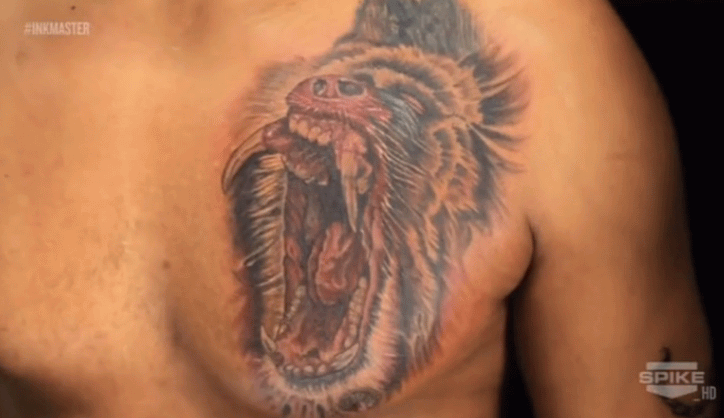 3D Roaring Boboon Tattoo On Man Chest