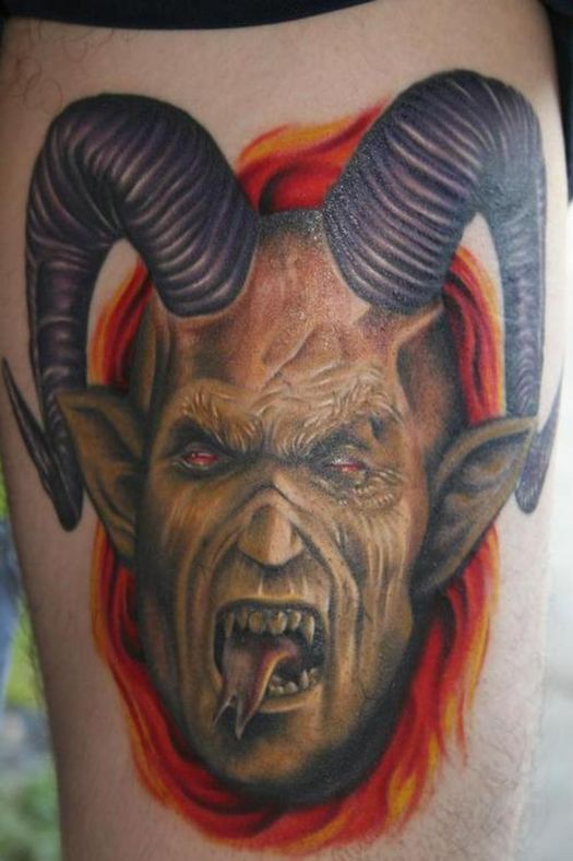 3D Scary Devil Tattoo On Thigh By The Experts