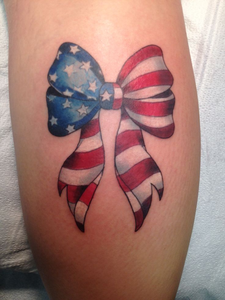 3D USA Flag Bow Tattoo On Leg Calf