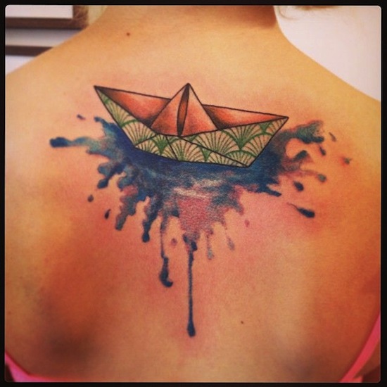 3D Watercolor Paper Boat Tattoo On Upper Back