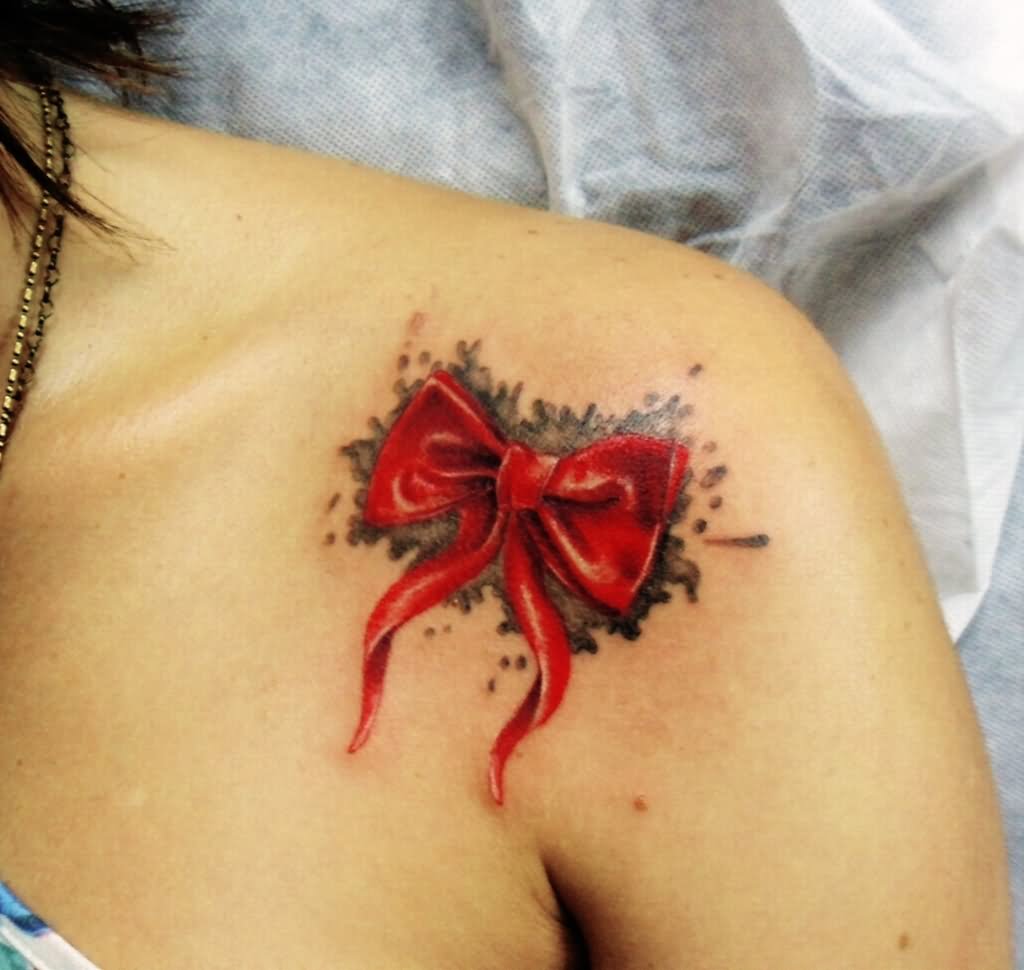 Amazing 3D Bow Tattoo On Girl Front Shoulder