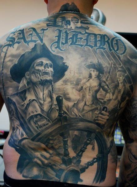 Amazing 3D Pirate With Steering Wheel Tattoo On Man Full Back By Carlos Torres