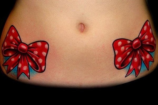 Amazing 3D Two Red Bows Tattoo On Hip