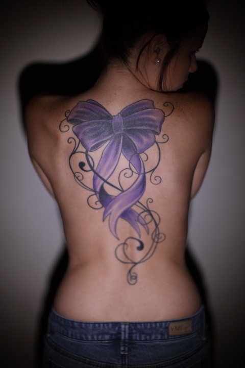 Amazing Black And Purple Tattoo On Girl Full Back