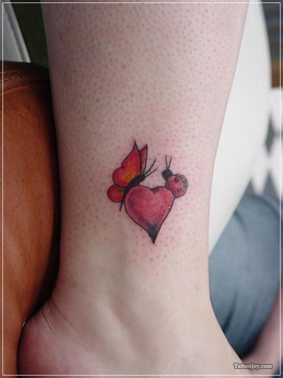 Amazing Butterfly And Ladybird On Heart Tattoo On Leg