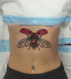 Amazing Flying Ladybird Tattoo On Stomach