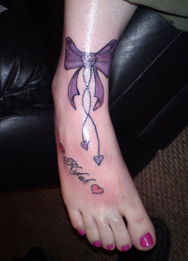 Amazing Purple Bow Tattoo On Girl Leg By The Vickers Son