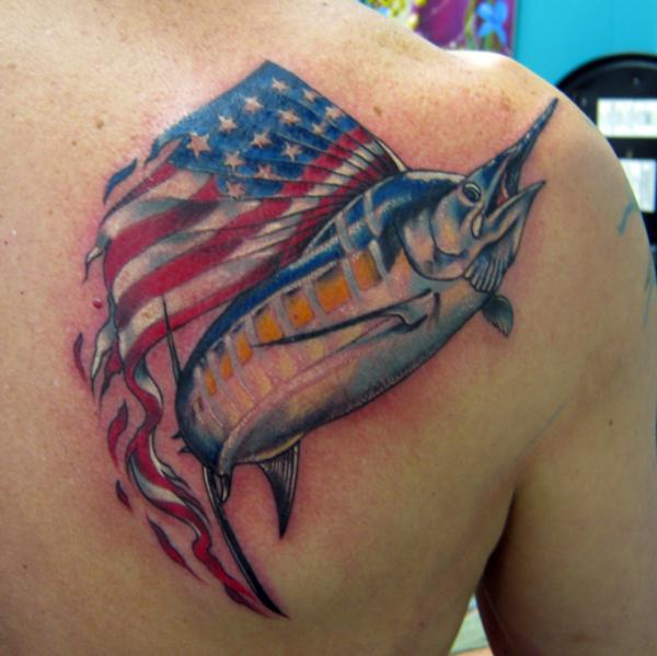 Amazing USA Flag With Fish Tattoo On Right Back Shoulder By Margo
