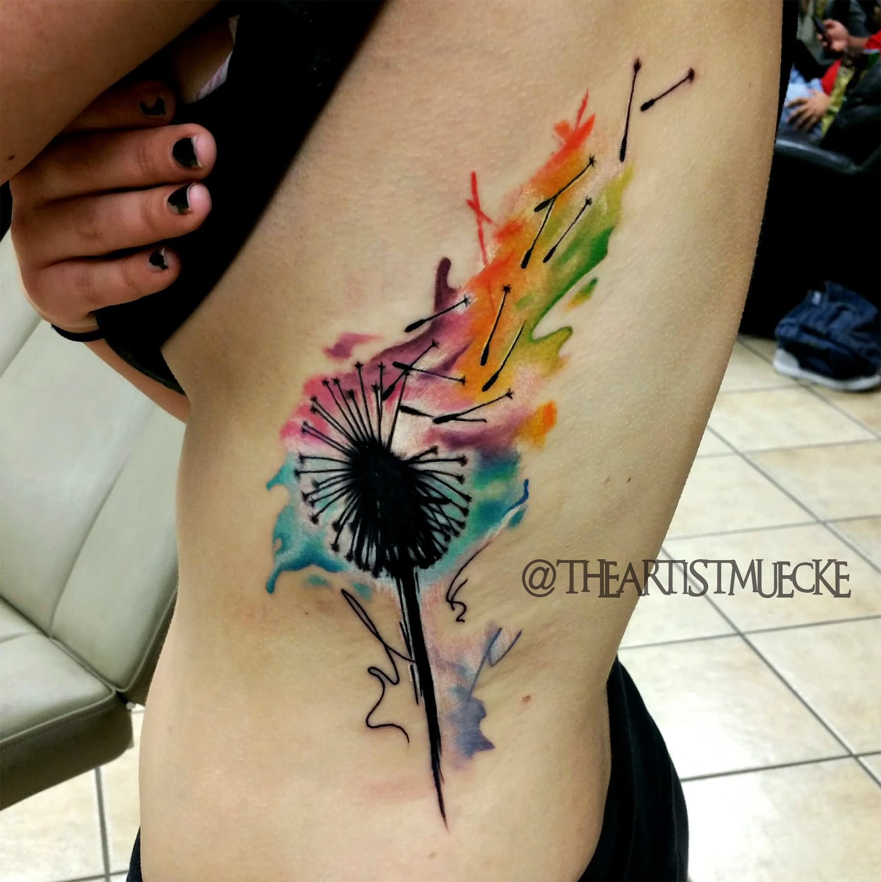 Amazing Watercolor Dandelion Tattoo On Girl Side Rib