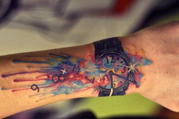 Amazing Watercolor Wrist Watch Tattoo On Wrist
