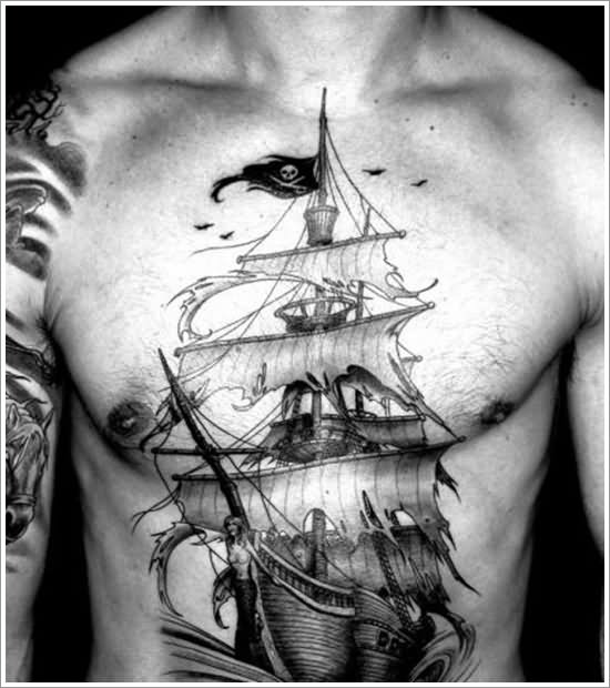 Awesome Black And Grey 3D Boat Tattoo On Man Full Body