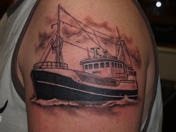 Awesome Black And Grey Fishing Boat Tattoo On Man Left Shoulder