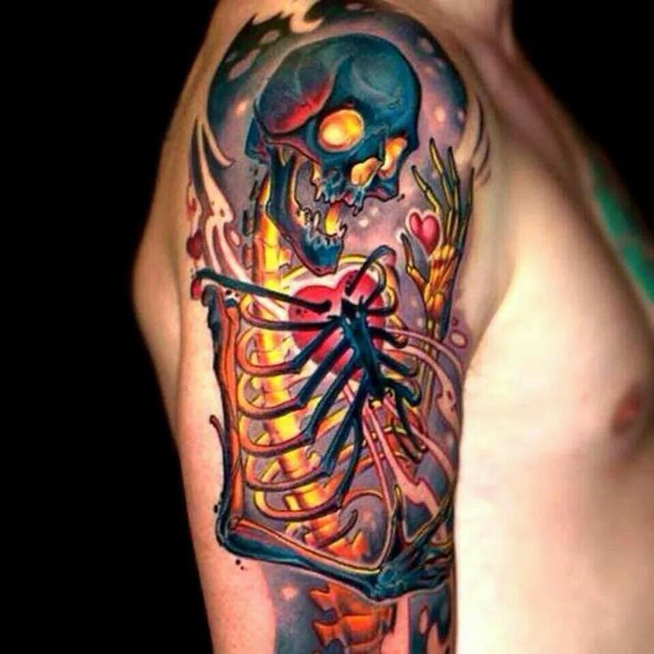 Awesome Colorful Human Skeleton Tattoo On Man Shoulder By Curtis Burgess