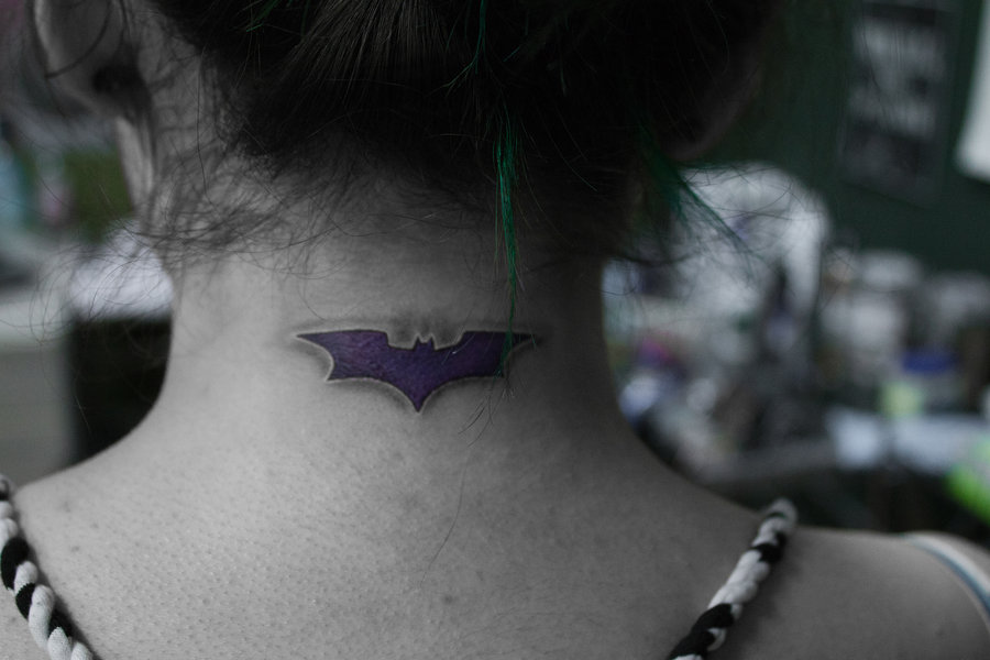 Batman Logo Tattoo On Girl Back Neck By Asel Kul