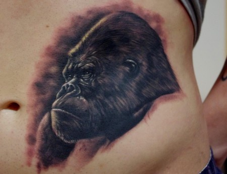 Black 3D Gorilla Head Tattoo On Stomach