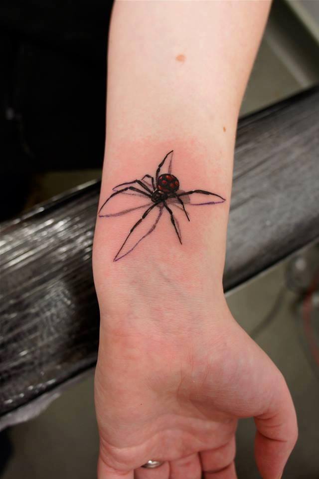 Black 3D Widow Spider Tattoo On Wrist