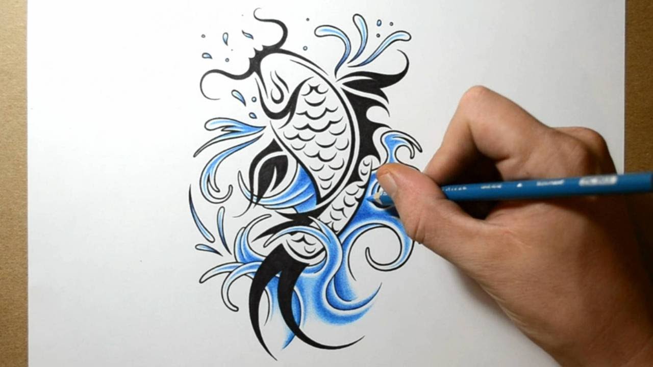 Black And Blue Fish Water Splash Tattoo Stencil By Jonathan Harris
