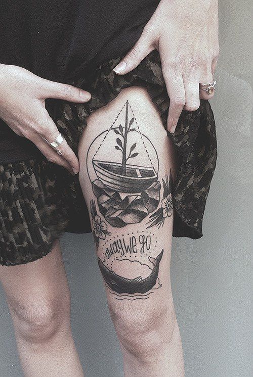 Black And Gery Boat Tattoo On Girl Thigh