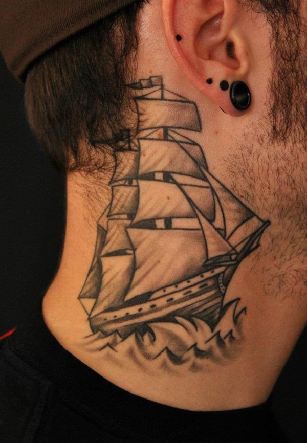 Black And Grey 3D Boat Tattoo On Man Side Neck By Robert Franke