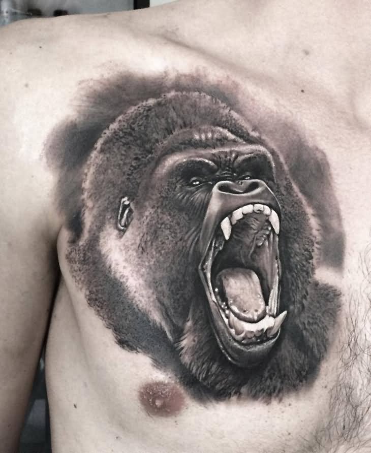 Black And Grey 3D Gorilla Face Tattoo On Man Right Chest